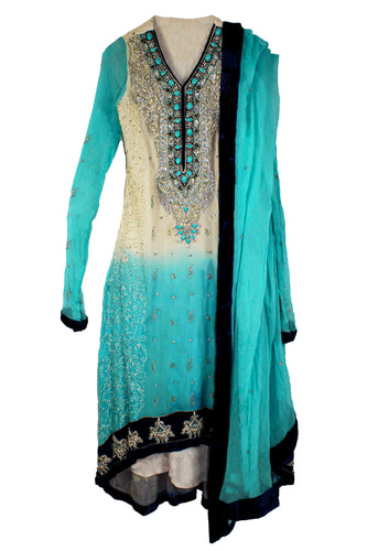 Blue and White Velvet Chiffon Suit
